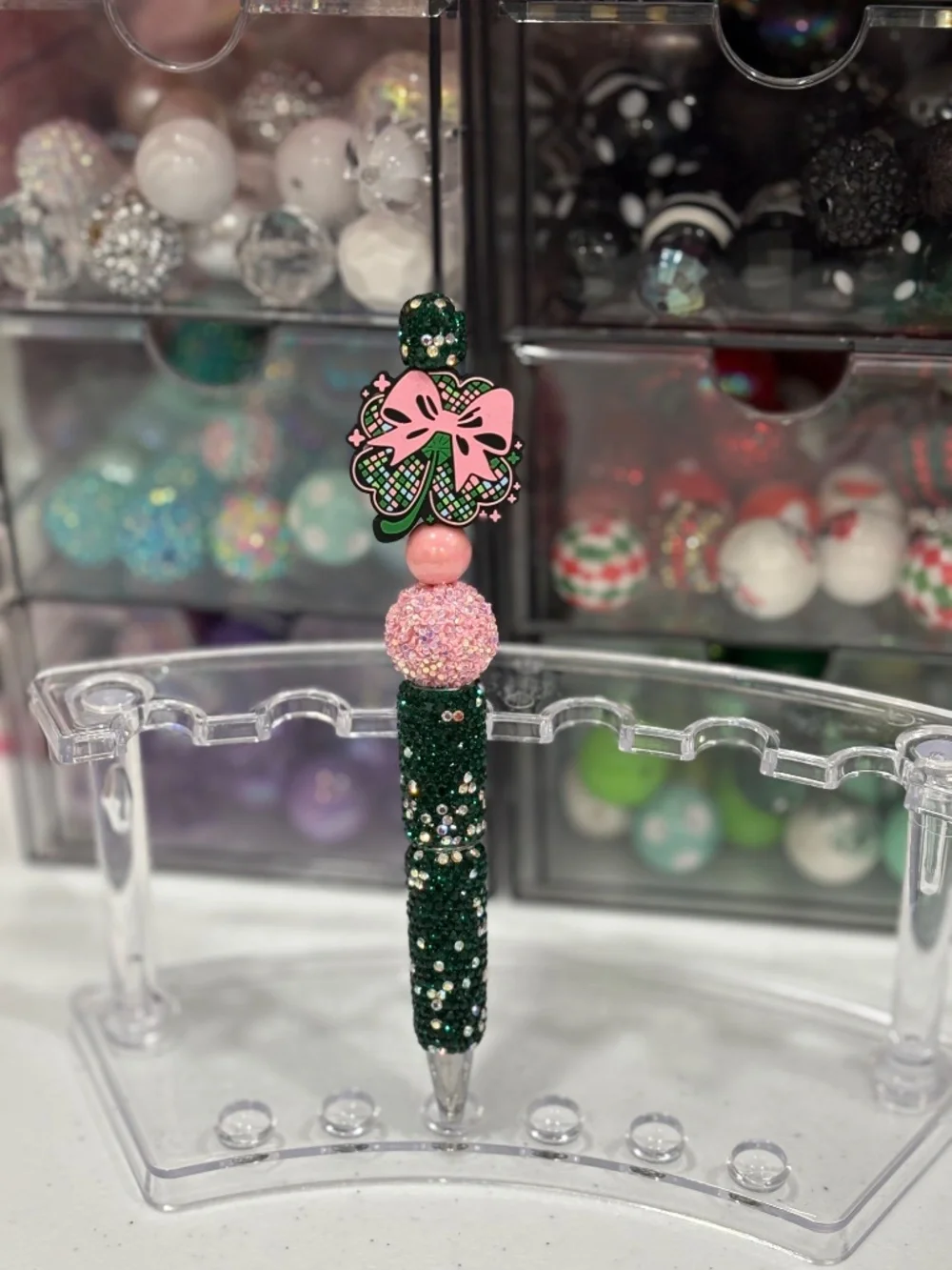 Handmade St Patricks Pink Bow Rhinestone Beaded Pen